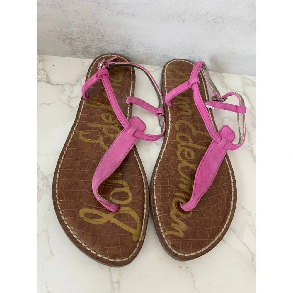 Sam Edelman Gigi Thong Sandal Sz 10 Pink Suede Ankle Buckle Boho Beachy Resort
